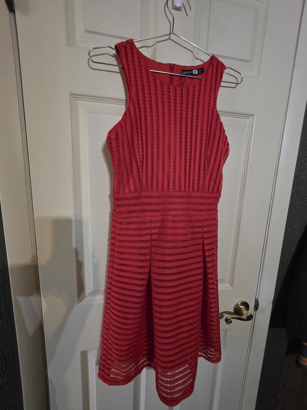 Boohoo Red Sleeveless Midi Dress with Striped Lace Texture